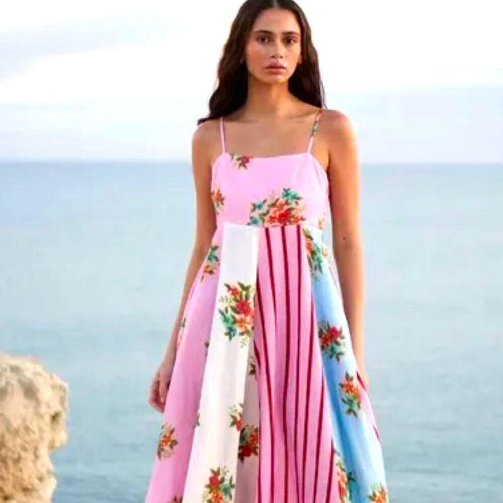 MULTISTRIPS OF FABRIC DESIGNER STYLE MAXI DRESS EMPIRE WAIST SLIM STRAPS